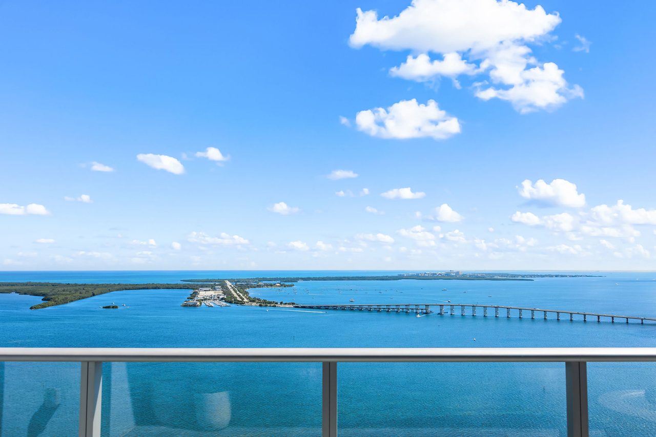 The view from the terrace: Biscayne Bay and the causeway to Key Biscayne