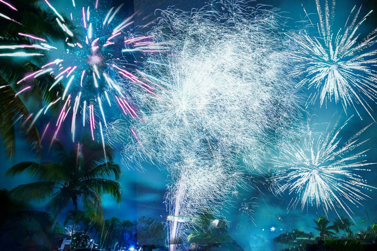 Fireworks over the palms in Miami