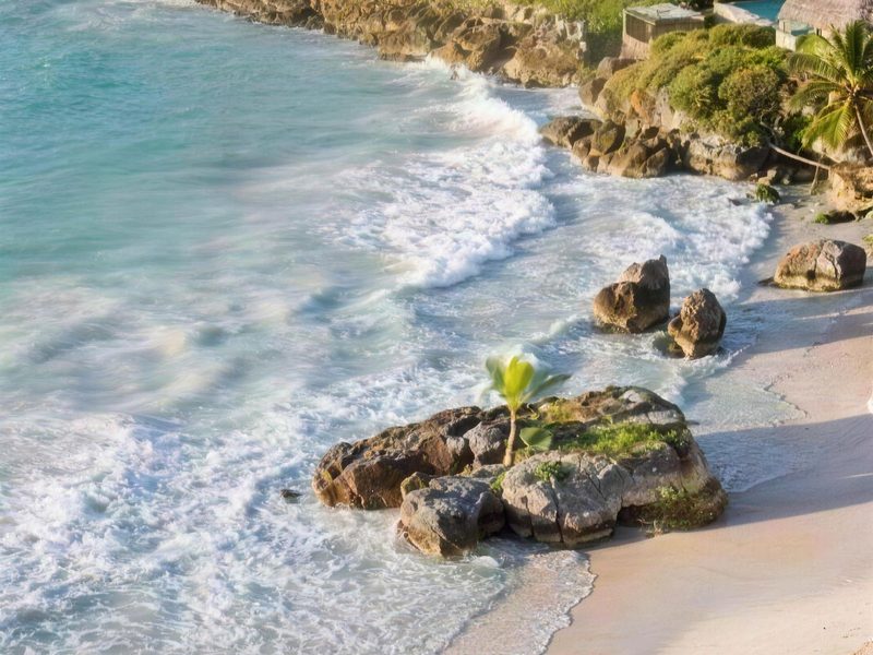La costa y los bungalós con techo de palma de Eden Roc Cap Cana vistos desde el aire