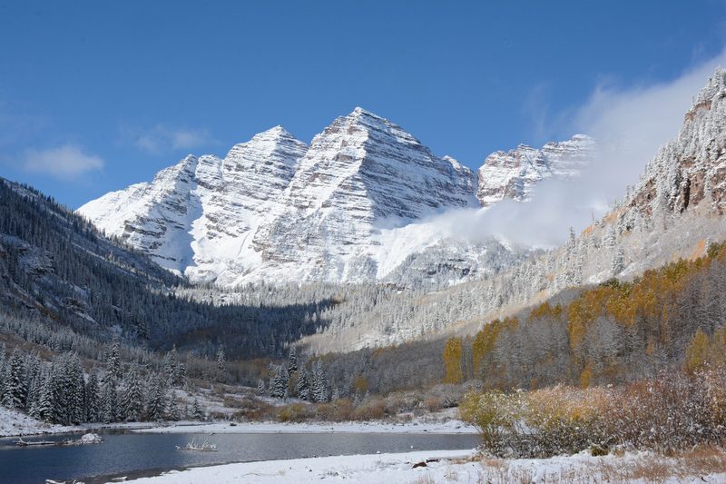 The Maroon Bells above Aspen, covered in winter snow