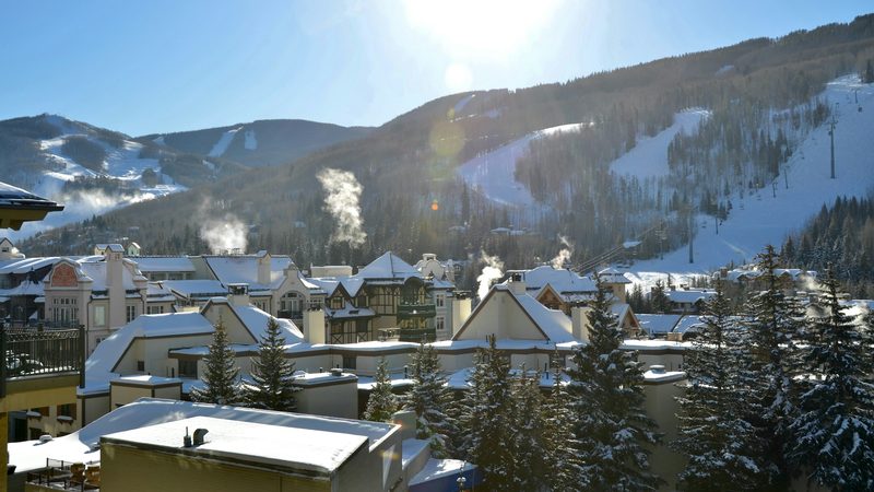 Vail village and its ski runs on a clear winter day