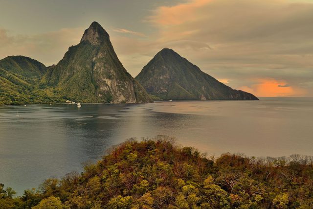 The Pitons at sunrise from a private terrace