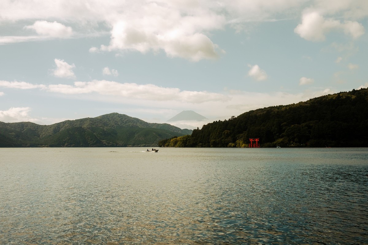 A private boat across Ashi Lake to the shrine gate